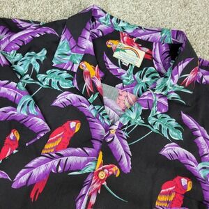 Vintage Paradise Found Mens 4XL Black AOP Magnum PI Parrot Hawaiian Short Sleeve